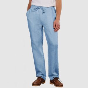 Men's Daily Casual Cotton Linen Lace-Up Trousers - Sky Blue
