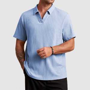 Men's Cotton Knit Striped Textured Short Sleeve Polo Shirt - Sky Blue