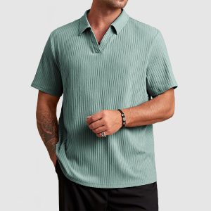 Men's Cotton Knit Striped Textured Short Sleeve Polo Shirt - Green