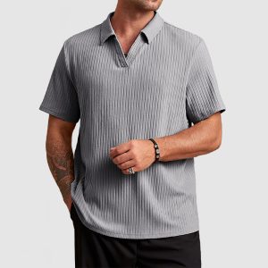 Men's Cotton Knit Striped Textured Short Sleeve Polo Shirt - Grey