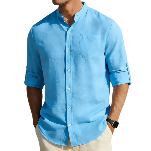 Men’s Cotton Linen Band Collar Shirt - Sky blue
