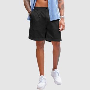 Men’s Linen Shorts Classic Fit Casual Elastic Waist Summer Beach Shorts - Black