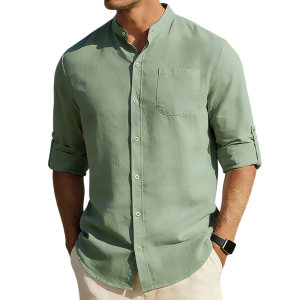 Men’s Cotton Linen Band Collar Shirt - Sage green