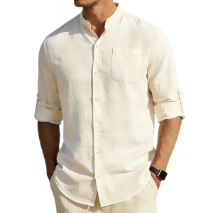 Men’s Cotton Linen Band Collar Shirt - Off-white