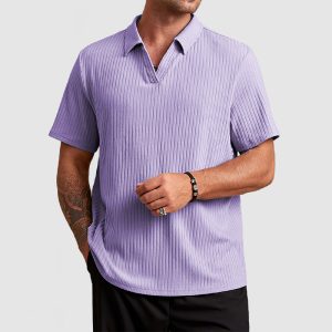 Men's Cotton Knit Striped Textured Short Sleeve Polo Shirt - Purple