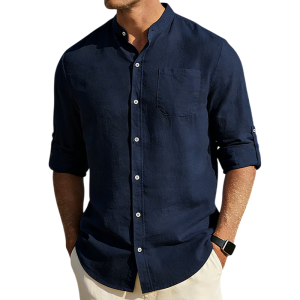 Men’s Cotton Linen Band Collar Shirt - Navy