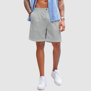 Men’s Linen Shorts Classic Fit Casual Elastic Waist Summer Beach Shorts - Light Grey