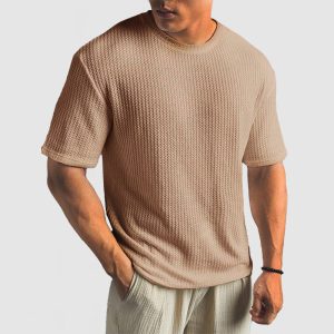 Men's Casual Knit Textured Breathable Crew Neck T-Shirt - Khaki Color