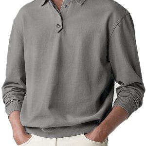 Men's Soild Color Polo Shirt Long Sleeve - Dark Grey
