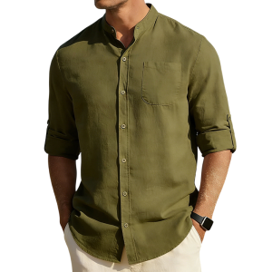 Men’s Cotton Linen Band Collar Shirt - Army green
