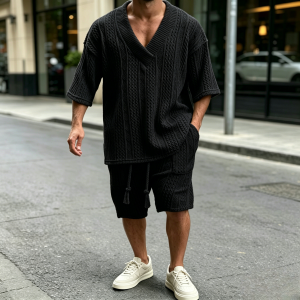 Casual Cable Knit T-shirt Sets - Black