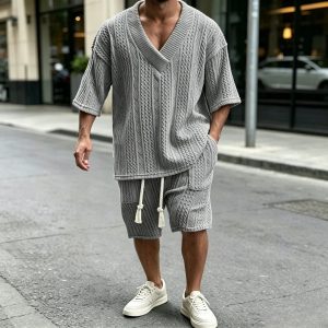 Casual Cable Knit T-shirt Sets - Grey