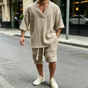 Casual Cable Knit T-shirt Sets - Khaki