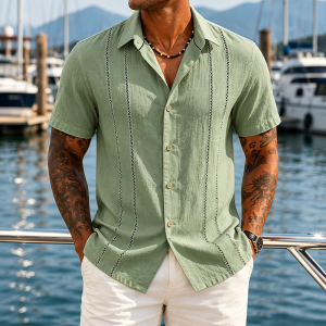 Casual Cuban Guayabera Shirt - Sage Green