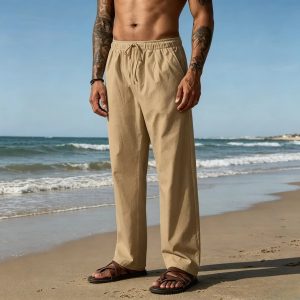 Casual Loose Fit Cotton Linen Straight Pants - Khaki