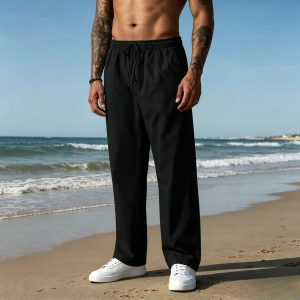 Casual Loose Fit Cotton Linen Straight Pants - Black