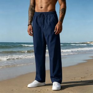 Casual Loose Fit Cotton Linen Straight Pants - Navy Blue