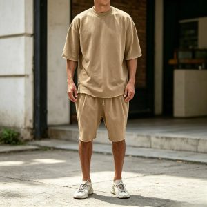 Casual Loose Fit Solid Sports Sets - Khaki