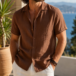 Coastal Breeze Linen Camp Shirts - Coffee Brown