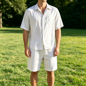 Comfort Cotton Stripe Shirt Shorts Sets - White