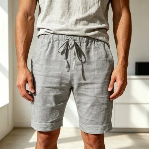 Cotton Linen Drawstring Casual Shorts - Grey
