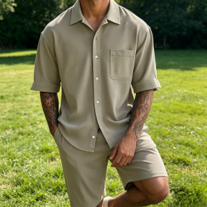 Essential Relaxed Fit Shirt Shorts Sets - Beige