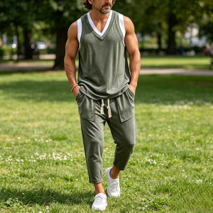 Fake Two-Piece Tank Top And Pants Sets - Dark Gray