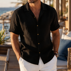 Linen Short Sleeve Button Down Shirt - Black