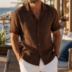 Linen Short Sleeve Button Down Shirt - Dark Brown