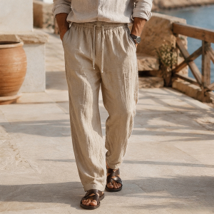 Men's Beach Vacation Loose-Fit Lightweight Linen Trousers - Beige