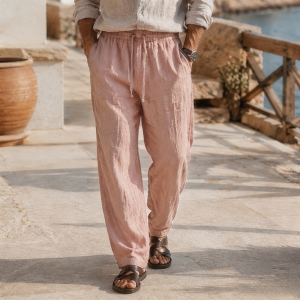 Men's Beach Vacation Loose-Fit Lightweight Linen Trousers - Pink