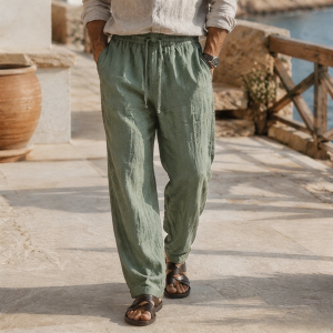 Men's Beach Vacation Loose-Fit Lightweight Linen Trousers - Sage Green