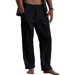 Men's Casual Solid Color Cotton Linen Pants - Black