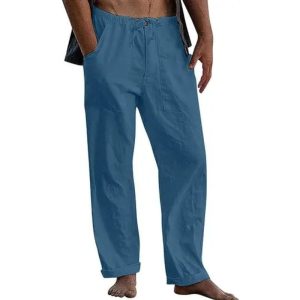 Men's Casual Solid Color Cotton Linen Pants - Blue
