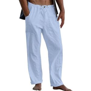 Men's Casual Solid Color Cotton Linen Pants - Light Blue