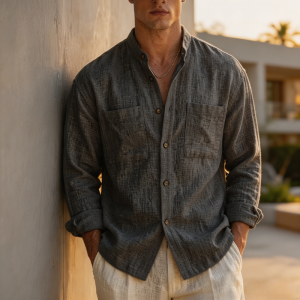 Men's Cotton-linen Casual Long-sleeve Stand-collar Shirt - Charcoal Gray