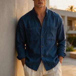 Men's Cotton-linen Casual Long-sleeve Stand-collar Shirt - Navy Blue