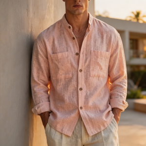 Men's Cotton-linen Casual Long-sleeve Stand-collar Shirt - Pink