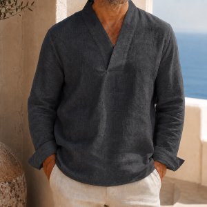 Men’s Cotton Linen V-Neck Long Sleeve Shirt - Dark Gray