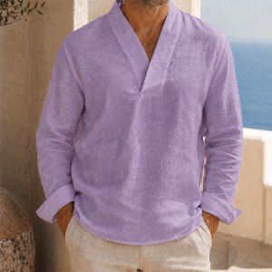 Men’s Cotton Linen V-Neck Long Sleeve Shirt - Lavender