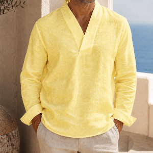 Men’s Cotton Linen V-Neck Long Sleeve Shirt - Lemon Yellow