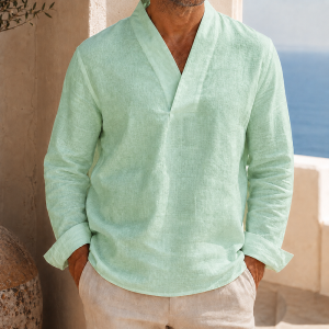 Men’s Cotton Linen V-Neck Long Sleeve Shirt - Mint Green