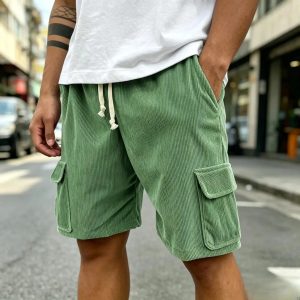 Men's Fashion Retro Outdoor Workwear Pocket Elastic Waist Drawstring Shorts - Green