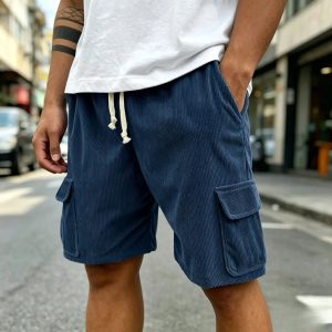 Men's Fashion Retro Outdoor Workwear Pocket Elastic Waist Drawstring Shorts - Navy