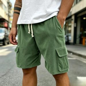 Men's Fashion Retro Outdoor Workwear Pocket Elastic Waist Drawstring Shorts - D-Green