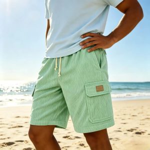 Men's Stylish Multi-pocket Cargo Shorts Corduroy Vintage Embroidered Logo Casual Lace-up Loose Shorts - Green