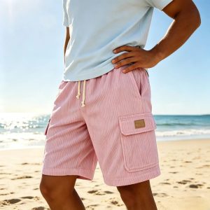 Men's Stylish Multi-pocket Cargo Shorts Corduroy Vintage Embroidered Logo Casual Lace-up Loose Shorts - Pink