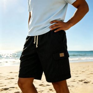 Men's Stylish Multi-pocket Cargo Shorts Corduroy Vintage Embroidered Logo Casual Lace-up Loose Shorts - Black