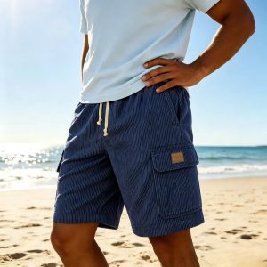 Men's Stylish Multi-pocket Cargo Shorts Corduroy Vintage Embroidered Logo Casual Lace-up Loose Shorts - Navy