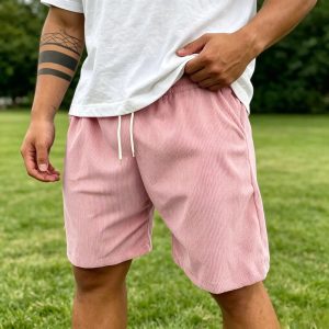 Men's Stylish Multi-pocket Vintage Corduroy Simple Embroidered Logo Casual Loose Shorts - Pink